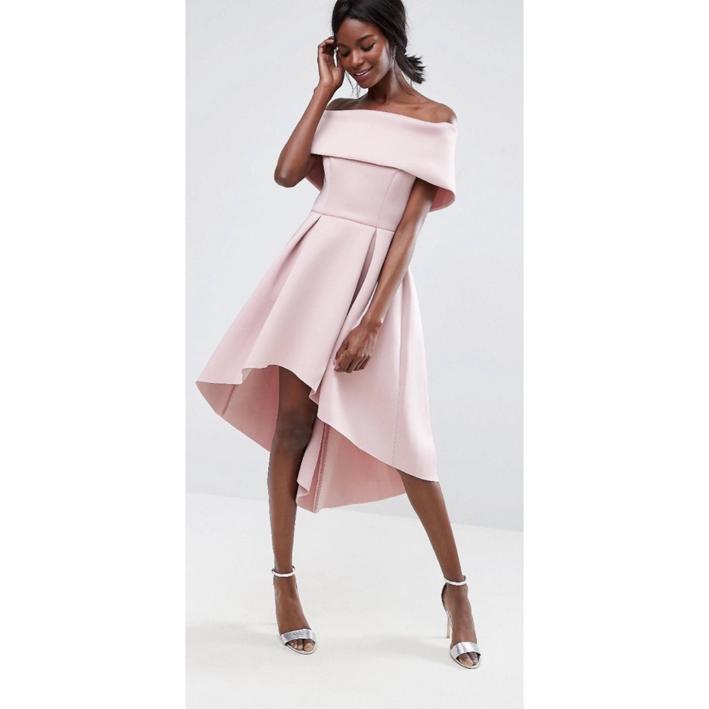 ASOS Deep Bardot Foam Scuba Dip Back Dress Mink